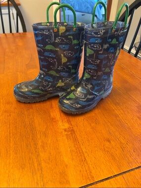 Kids Navy Dinosaur Rain Boots with Green Handles